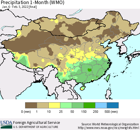 China, Mongolia and Taiwan Precipitation 1-Month (WMO) Thematic Map For 1/6/2022 - 2/5/2022