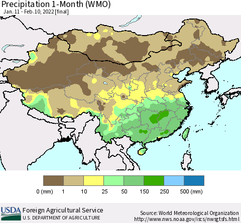 China, Mongolia and Taiwan Precipitation 1-Month (WMO) Thematic Map For 1/11/2022 - 2/10/2022
