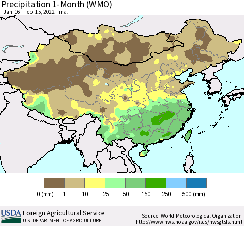 China, Mongolia and Taiwan Precipitation 1-Month (WMO) Thematic Map For 1/16/2022 - 2/15/2022