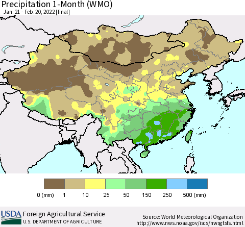 China, Mongolia and Taiwan Precipitation 1-Month (WMO) Thematic Map For 1/21/2022 - 2/20/2022