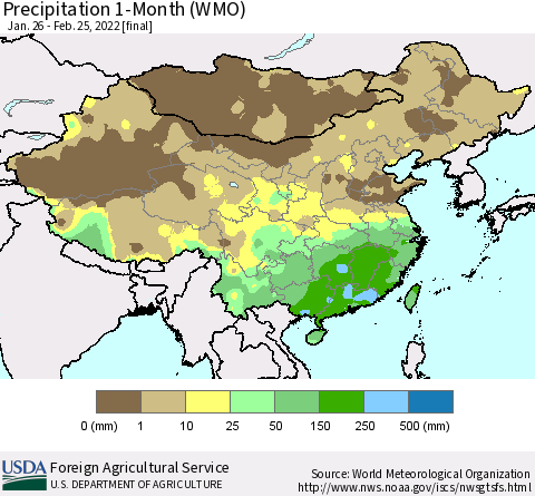 China, Mongolia and Taiwan Precipitation 1-Month (WMO) Thematic Map For 1/26/2022 - 2/25/2022