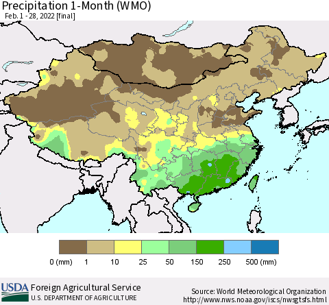 China, Mongolia and Taiwan Precipitation 1-Month (WMO) Thematic Map For 2/1/2022 - 2/28/2022