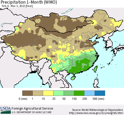 China, Mongolia and Taiwan Precipitation 1-Month (WMO) Thematic Map For 2/6/2022 - 3/5/2022