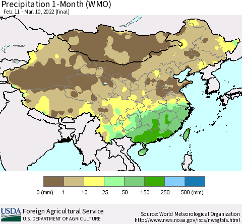 China, Mongolia and Taiwan Precipitation 1-Month (WMO) Thematic Map For 2/11/2022 - 3/10/2022
