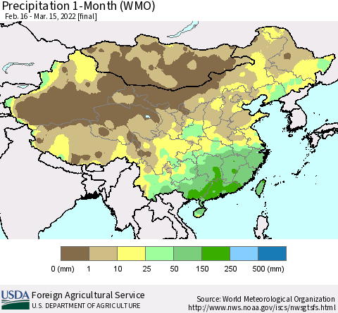 China, Mongolia and Taiwan Precipitation 1-Month (WMO) Thematic Map For 2/16/2022 - 3/15/2022