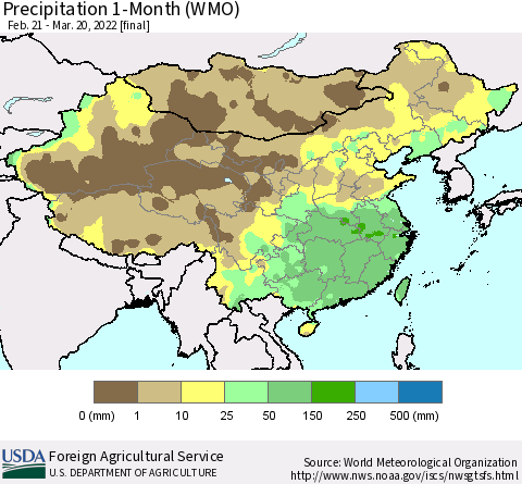 China, Mongolia and Taiwan Precipitation 1-Month (WMO) Thematic Map For 2/21/2022 - 3/20/2022