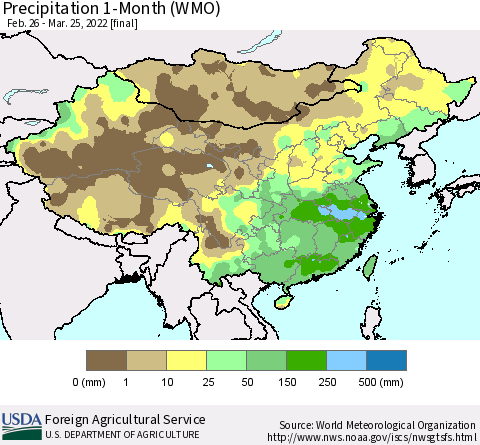 China, Mongolia and Taiwan Precipitation 1-Month (WMO) Thematic Map For 2/26/2022 - 3/25/2022