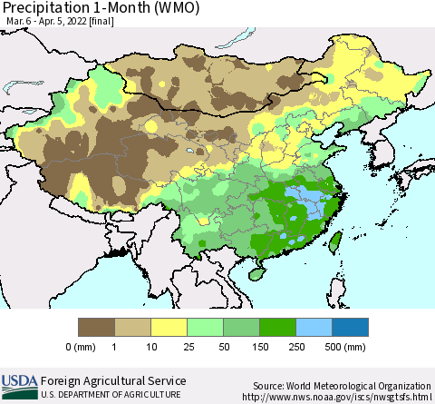 China, Mongolia and Taiwan Precipitation 1-Month (WMO) Thematic Map For 3/6/2022 - 4/5/2022