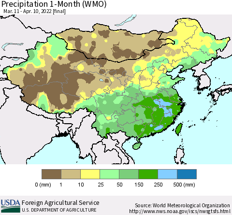China, Mongolia and Taiwan Precipitation 1-Month (WMO) Thematic Map For 3/11/2022 - 4/10/2022