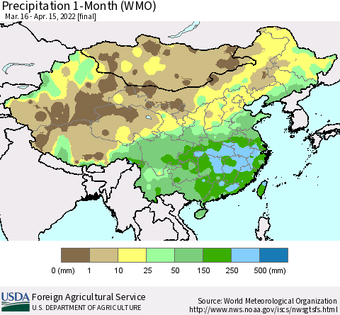 China, Mongolia and Taiwan Precipitation 1-Month (WMO) Thematic Map For 3/16/2022 - 4/15/2022