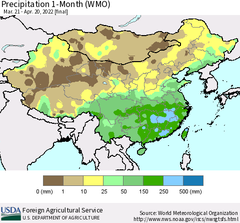 China, Mongolia and Taiwan Precipitation 1-Month (WMO) Thematic Map For 3/21/2022 - 4/20/2022