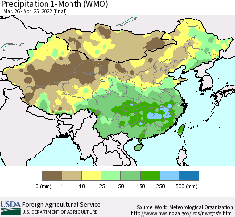 China, Mongolia and Taiwan Precipitation 1-Month (WMO) Thematic Map For 3/26/2022 - 4/25/2022