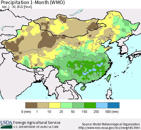 China, Mongolia and Taiwan Precipitation 1-Month (WMO) Thematic Map For 4/1/2022 - 4/30/2022