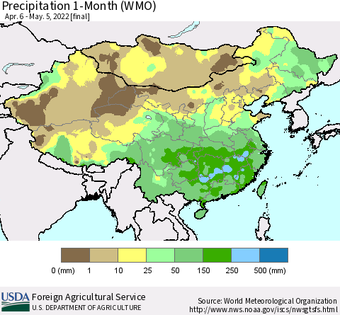 China, Mongolia and Taiwan Precipitation 1-Month (WMO) Thematic Map For 4/6/2022 - 5/5/2022