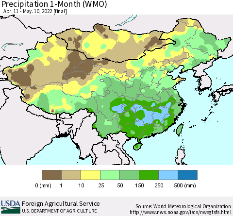 China, Mongolia and Taiwan Precipitation 1-Month (WMO) Thematic Map For 4/11/2022 - 5/10/2022