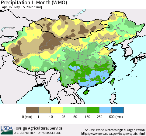 China, Mongolia and Taiwan Precipitation 1-Month (WMO) Thematic Map For 4/16/2022 - 5/15/2022
