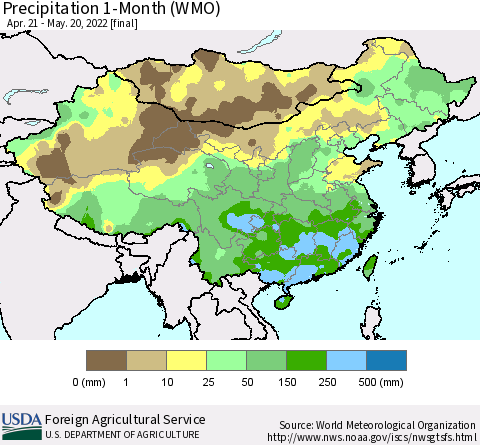 China, Mongolia and Taiwan Precipitation 1-Month (WMO) Thematic Map For 4/21/2022 - 5/20/2022