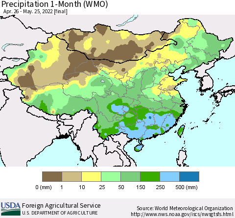 China, Mongolia and Taiwan Precipitation 1-Month (WMO) Thematic Map For 4/26/2022 - 5/25/2022