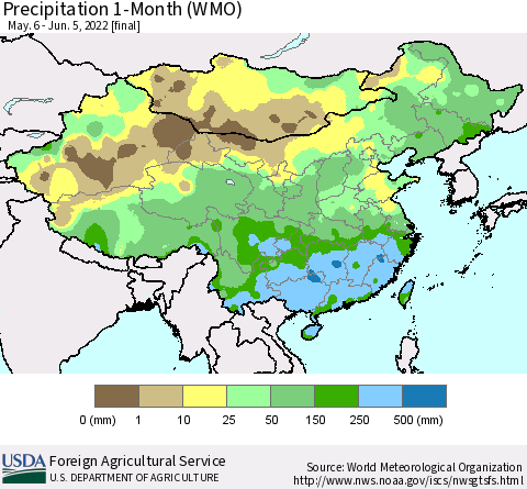 China, Mongolia and Taiwan Precipitation 1-Month (WMO) Thematic Map For 5/6/2022 - 6/5/2022