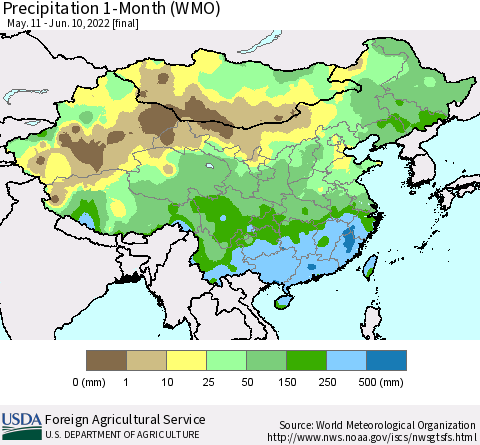 China, Mongolia and Taiwan Precipitation 1-Month (WMO) Thematic Map For 5/11/2022 - 6/10/2022