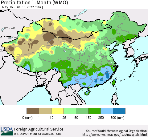 China, Mongolia and Taiwan Precipitation 1-Month (WMO) Thematic Map For 5/16/2022 - 6/15/2022