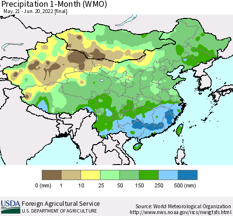 China, Mongolia and Taiwan Precipitation 1-Month (WMO) Thematic Map For 5/21/2022 - 6/20/2022