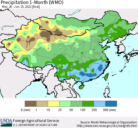 China, Mongolia and Taiwan Precipitation 1-Month (WMO) Thematic Map For 5/26/2022 - 6/25/2022