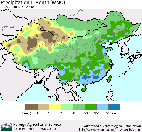 China, Mongolia and Taiwan Precipitation 1-Month (WMO) Thematic Map For 6/6/2022 - 7/5/2022