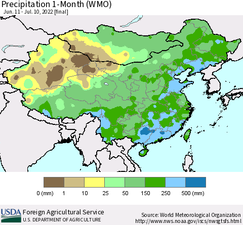China, Mongolia and Taiwan Precipitation 1-Month (WMO) Thematic Map For 6/11/2022 - 7/10/2022