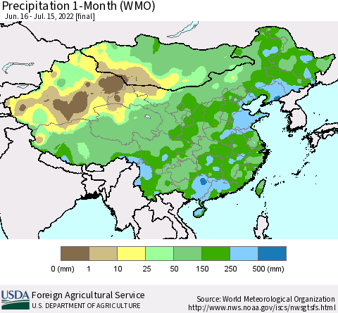 China, Mongolia and Taiwan Precipitation 1-Month (WMO) Thematic Map For 6/16/2022 - 7/15/2022