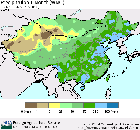 China, Mongolia and Taiwan Precipitation 1-Month (WMO) Thematic Map For 6/21/2022 - 7/20/2022