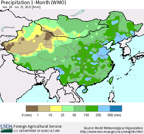 China, Mongolia and Taiwan Precipitation 1-Month (WMO) Thematic Map For 6/26/2022 - 7/25/2022