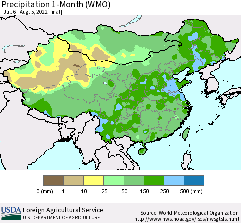 China, Mongolia and Taiwan Precipitation 1-Month (WMO) Thematic Map For 7/6/2022 - 8/5/2022