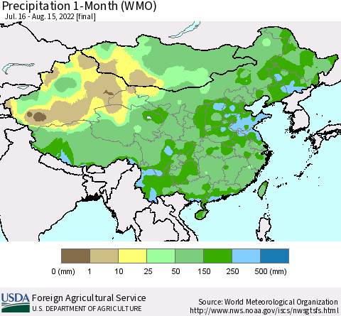 China, Mongolia and Taiwan Precipitation 1-Month (WMO) Thematic Map For 7/16/2022 - 8/15/2022