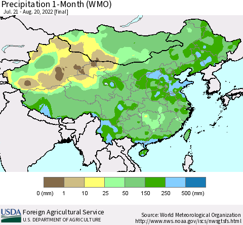 China, Mongolia and Taiwan Precipitation 1-Month (WMO) Thematic Map For 7/21/2022 - 8/20/2022
