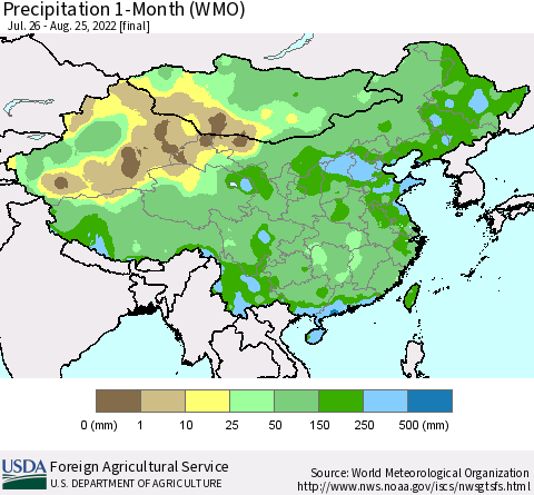 China, Mongolia and Taiwan Precipitation 1-Month (WMO) Thematic Map For 7/26/2022 - 8/25/2022