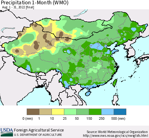 China, Mongolia and Taiwan Precipitation 1-Month (WMO) Thematic Map For 8/1/2022 - 8/31/2022