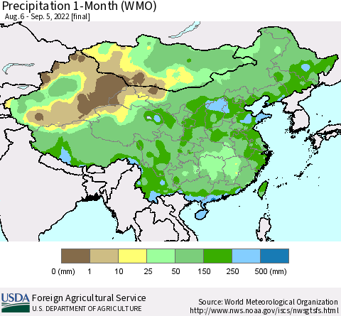 China, Mongolia and Taiwan Precipitation 1-Month (WMO) Thematic Map For 8/6/2022 - 9/5/2022
