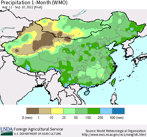 China, Mongolia and Taiwan Precipitation 1-Month (WMO) Thematic Map For 8/11/2022 - 9/10/2022