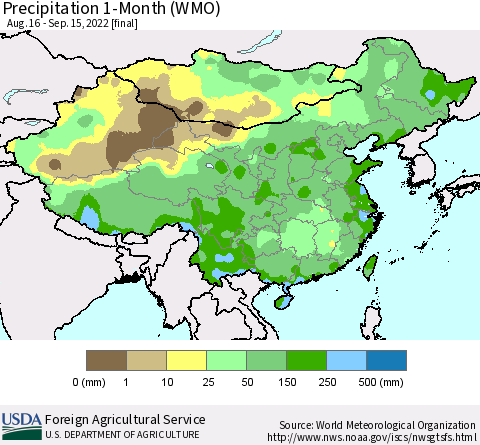 China, Mongolia and Taiwan Precipitation 1-Month (WMO) Thematic Map For 8/16/2022 - 9/15/2022