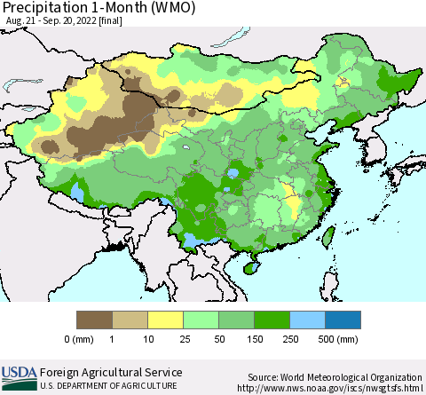 China, Mongolia and Taiwan Precipitation 1-Month (WMO) Thematic Map For 8/21/2022 - 9/20/2022