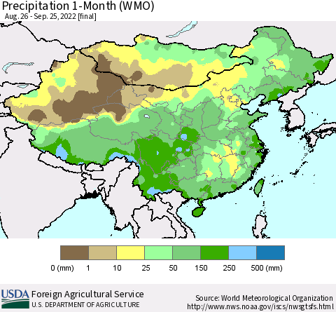 China, Mongolia and Taiwan Precipitation 1-Month (WMO) Thematic Map For 8/26/2022 - 9/25/2022