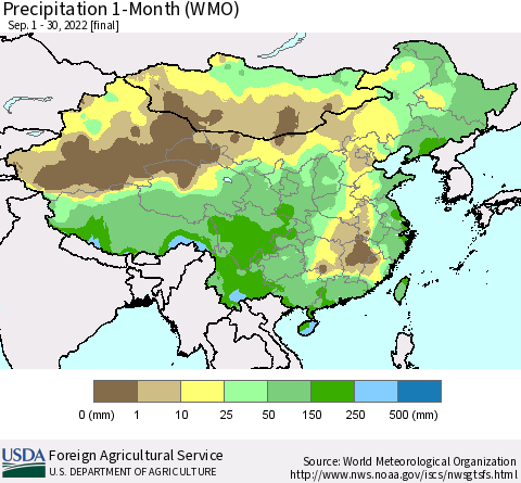 China, Mongolia and Taiwan Precipitation 1-Month (WMO) Thematic Map For 9/1/2022 - 9/30/2022