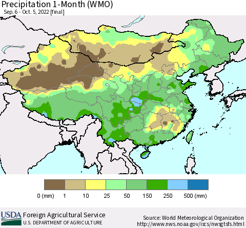 China, Mongolia and Taiwan Precipitation 1-Month (WMO) Thematic Map For 9/6/2022 - 10/5/2022
