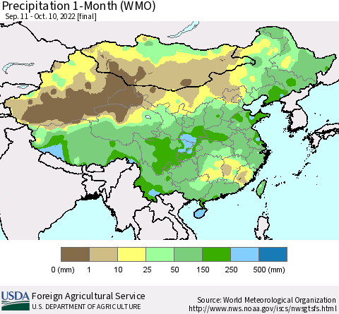 China, Mongolia and Taiwan Precipitation 1-Month (WMO) Thematic Map For 9/11/2022 - 10/10/2022