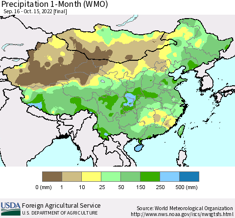 China, Mongolia and Taiwan Precipitation 1-Month (WMO) Thematic Map For 9/16/2022 - 10/15/2022