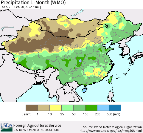 China, Mongolia and Taiwan Precipitation 1-Month (WMO) Thematic Map For 9/21/2022 - 10/20/2022