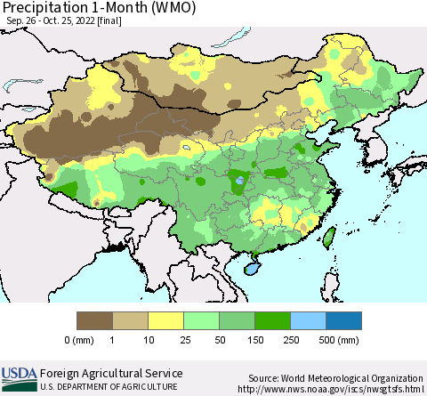 China, Mongolia and Taiwan Precipitation 1-Month (WMO) Thematic Map For 9/26/2022 - 10/25/2022