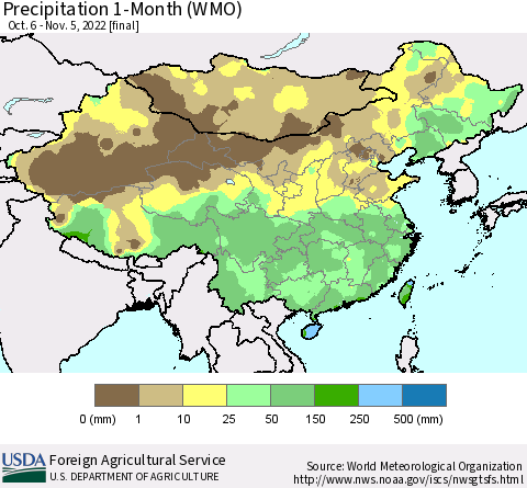 China, Mongolia and Taiwan Precipitation 1-Month (WMO) Thematic Map For 10/6/2022 - 11/5/2022