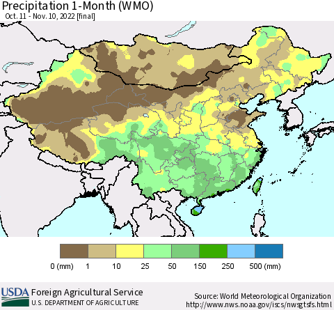 China, Mongolia and Taiwan Precipitation 1-Month (WMO) Thematic Map For 10/11/2022 - 11/10/2022